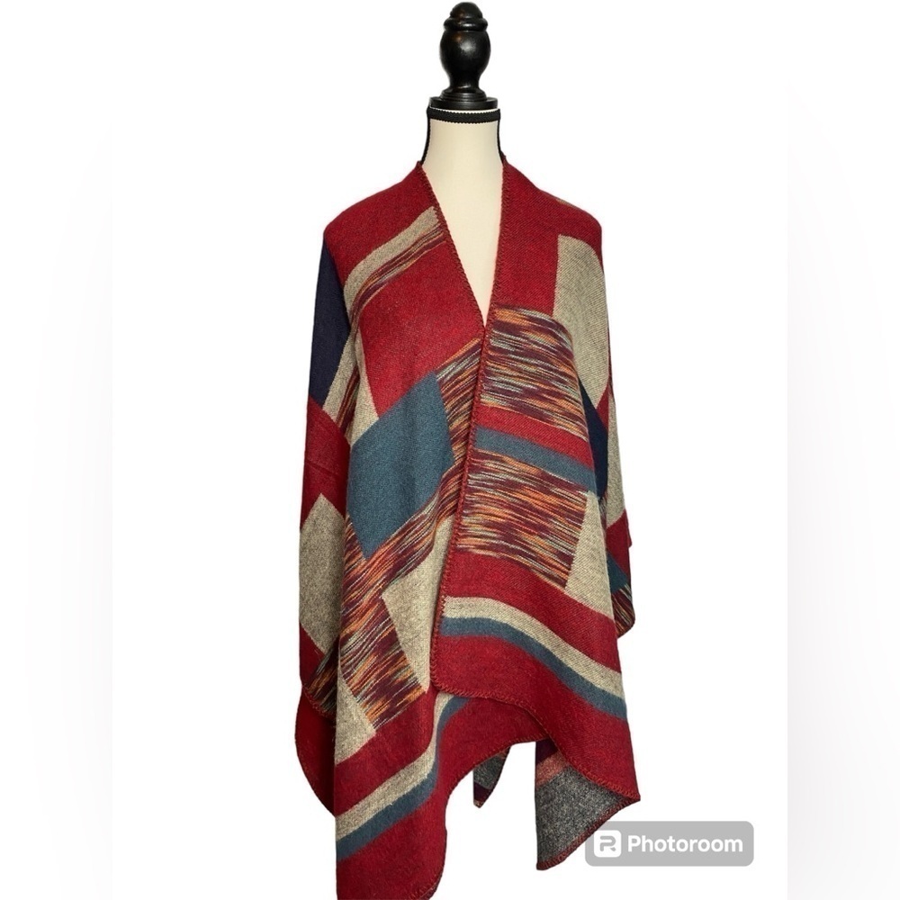 Desheng wrap poncho kimono duster in southwestern color block patchwork ruana - Picture 2 of 5